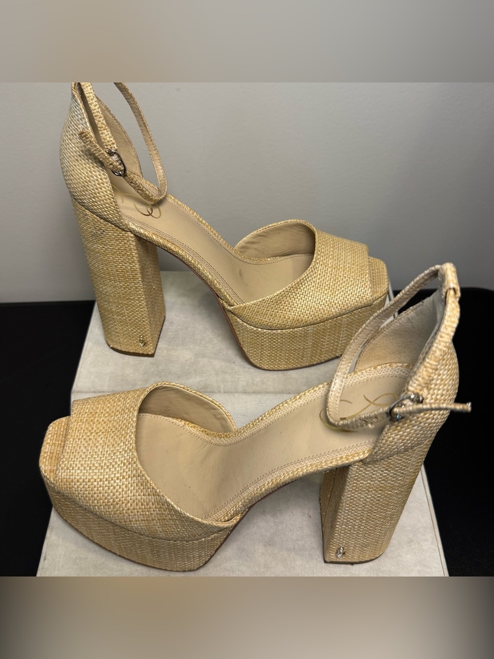 Sam Edelman Kori Beige Woven Platform Peep-Toe Sandals with Ankle Strap, size 11 - Picture 3 of 10